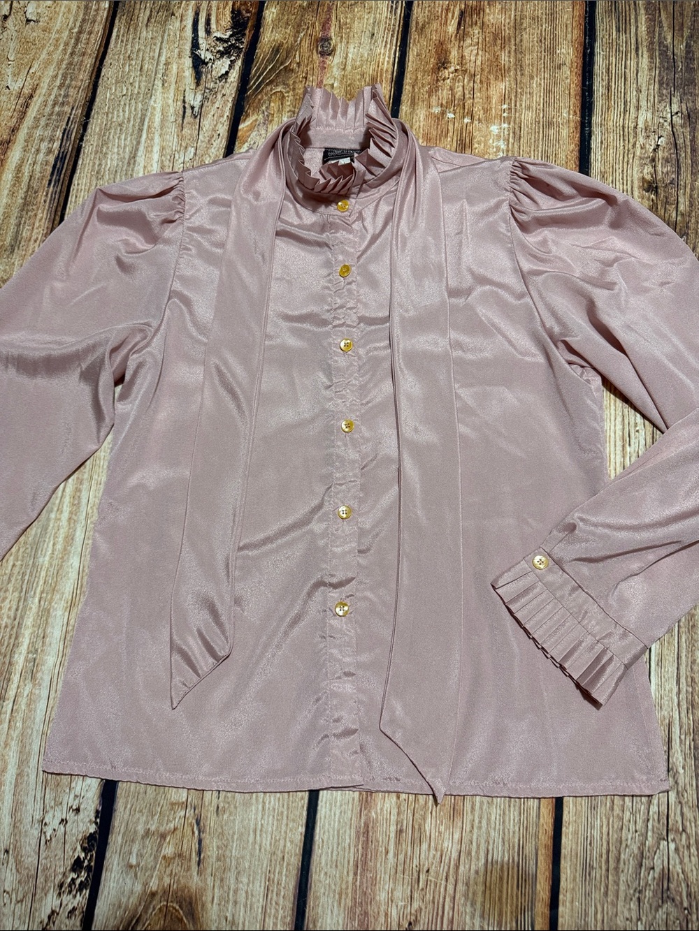 Vintage 70s Patty Woodard Dusty Pink Satin Pussybow Blouse